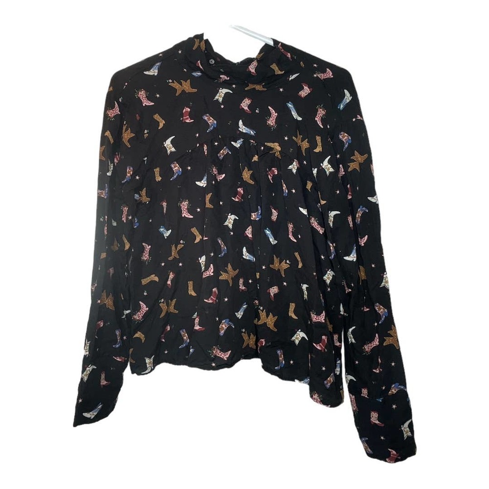 ZARA Trafuluc Collection Cowboy Boots Print Tie Neck Blouse Size Large
